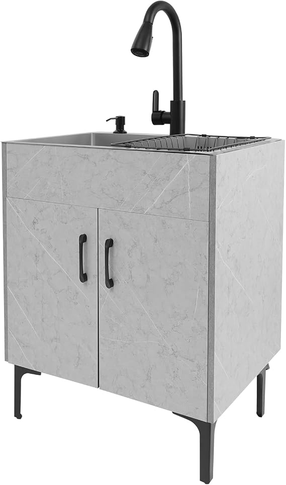 Laundry Sink Cabinet with Pull-Down Faucet Stainless Steel Utility Sink for Laundry Utility Room Bathroom Vanity Sink Cabinet with 2 Doors for Kitchen Outdoor (Grey)
