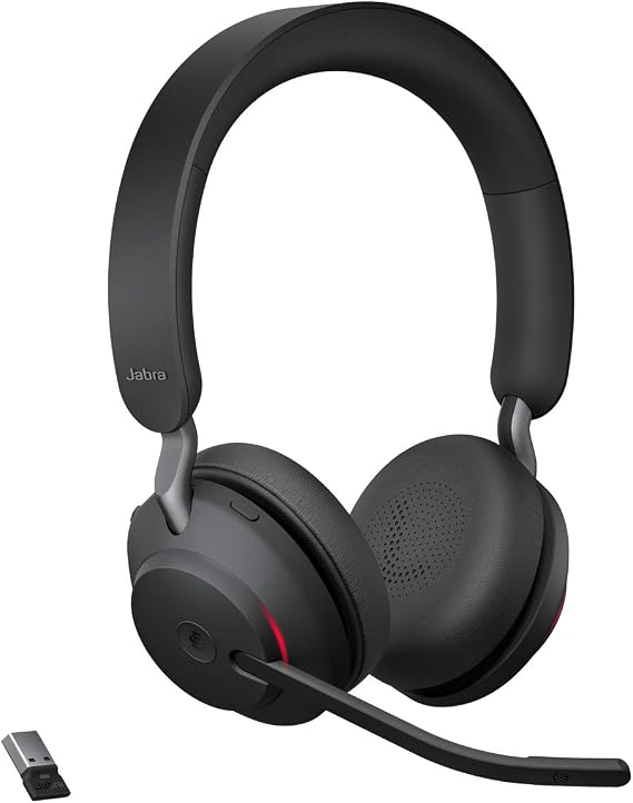 Jabra Evolve2 65 MS Wireless Headphones with Link380a, Stereo, Black Wireless Bluetooth Headset for Calls and Music, 37 Hours of Battery Life, Passive Noise Cancelling Headphones