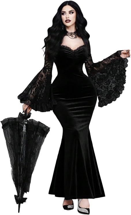 GothDark Gothic Dresses for Women Velvet Lace Bell Sleeve Mermaid Dress