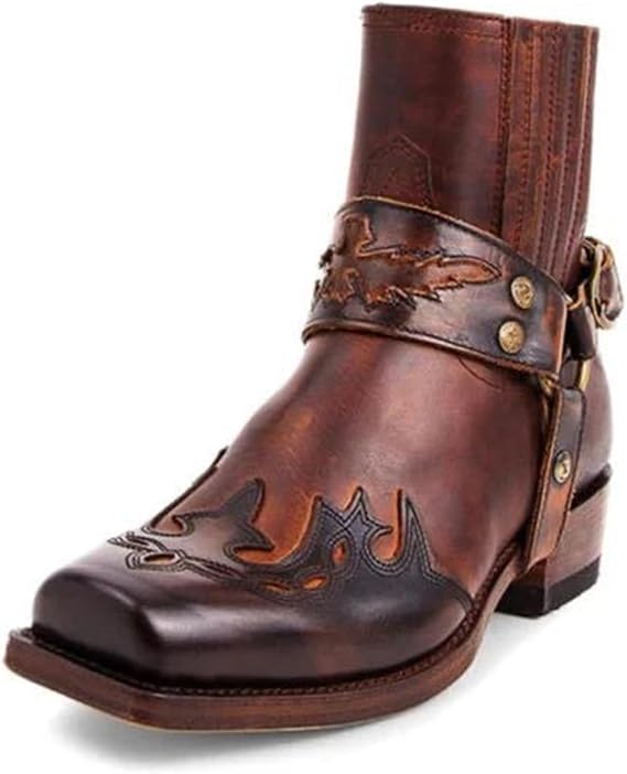 Men's Western Ankle Boots Buckle Strap Boots Retro Leather Square Toe Cowboy Short Boots Cowboy Motorcycle Boots