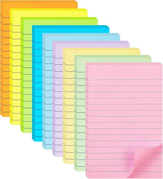 HQCME 9 Pack Lined Sticky Notes with Lines 4X6 in, 9 Pastel Slef-Stick Pads | Large Ruled Sticky Note Pads Colorful Super Sticking Power Notepads, Easy to Post for Office, School, Home, 35 Sheets/Pad