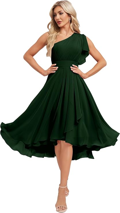Women's One Shoulder Short Bridesmaid Dresses Chiffon Ruffles Formal Evening Gown A-line Pleated Wedding Guest Dress