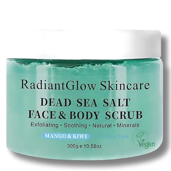 RadiantGlow Organic Dead Sea Salt Face and Body Scrub 300g, Nourishing Skin Exfoliating Salt Scrub, Rich in Natural Minerals for All Skin Types, Enriched with Mango & Kiwi Fruit Scent