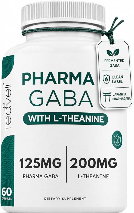 Teaveli Pharma GABA with L Theanine Supplement - 100mg PharmaGABA and 200mg L-Theanine - Clean Label - Supports Calm and Focus - No Additives or Preservatives 60 Veggie Capsules