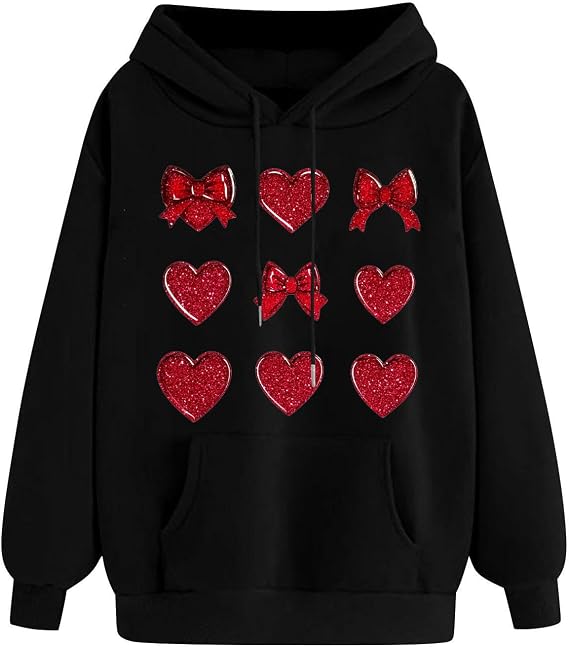Valentines Day Hoodies for Women Cute Love Heart Graphic Hooded Sweatshirts Oversized Pullover Shirts with Pockets