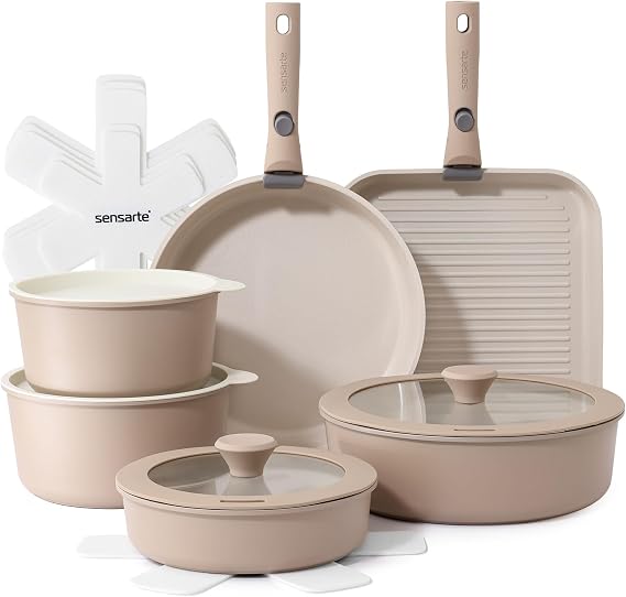 SENSARTE 17 Piece Ceramic Detachable Handle Pots and Pans Set Almond Beige
