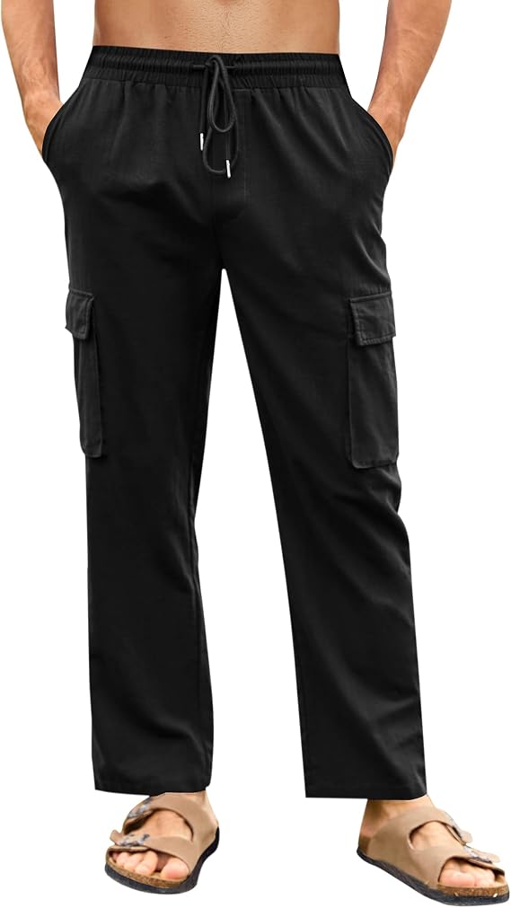 PASLTER Mens Linen Cargo Pants Lightweight Elastic Waist Drawstring Casual Loose Summer Beach Yoga Pants with Pockets