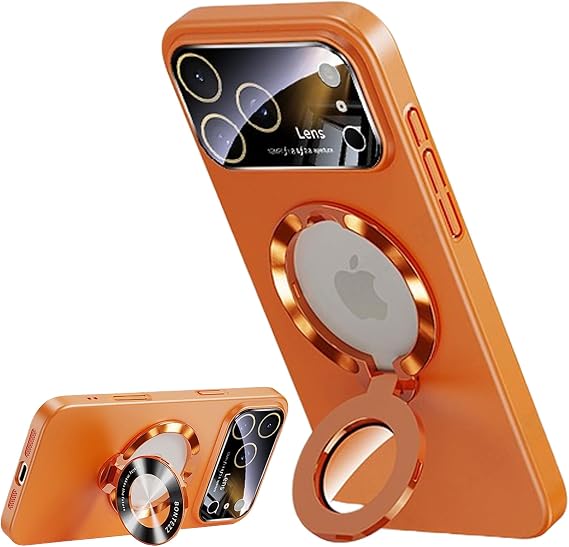 Case for iPhone 17 Pro Max, Slim Shockproof Magnetic Case with Lens Protector & Kickstand, Anti-Fingerprint, Drop-Proof, Orange
