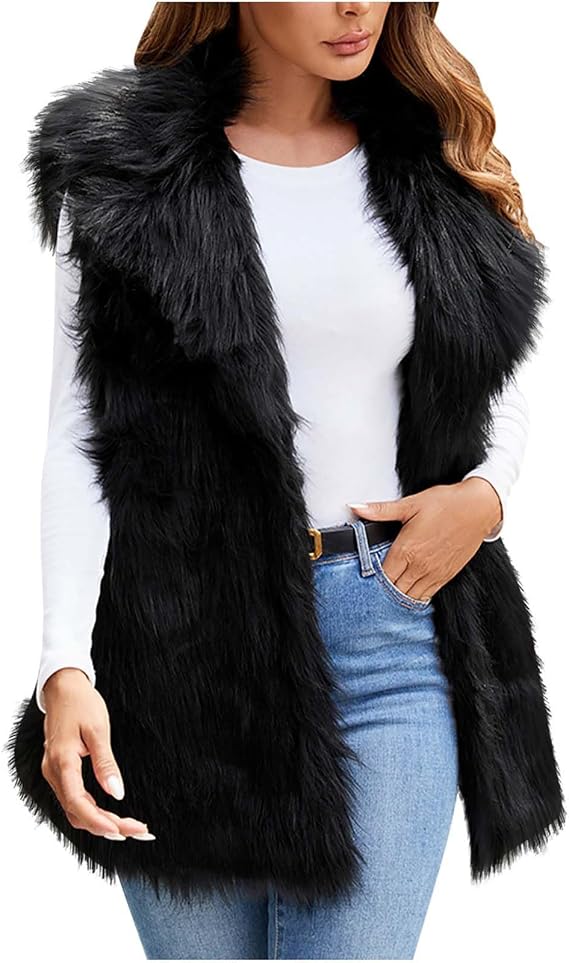 Women's Faux Fur Vest Fuzzy Fleece Jacket Lapel Furry Jacket Open Front Cardigan Trendy Winter Coats Warm Vest