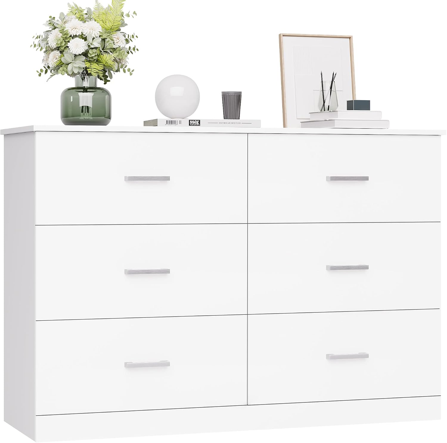 FOTOSOK White Dresser, 47.2 Large 6 Drawer Dresser Wide Chest of Drawers for TV Stand, Modern Dresser White Floor Storage Drawer Cabinet for Home Office, White