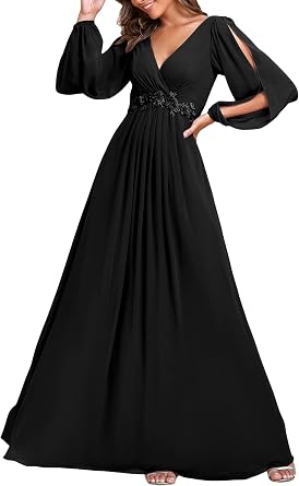 Ever-Pretty Women's V Neck Long Sleeves Floor Length Ruched Chiffon A-Line Formal Evening Dress Mother of Bride Dresses 00461