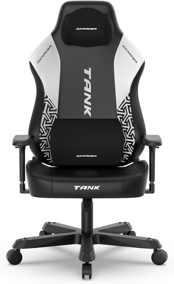 DXRacer Tank XXL Ergonomic Video Gaming Chair for Adults, Office Reclining Computer Chair with Magnetic Head Pillow and Lumbar Support, Racing Style Height Adjustable (EPU Leatherette, Black White)