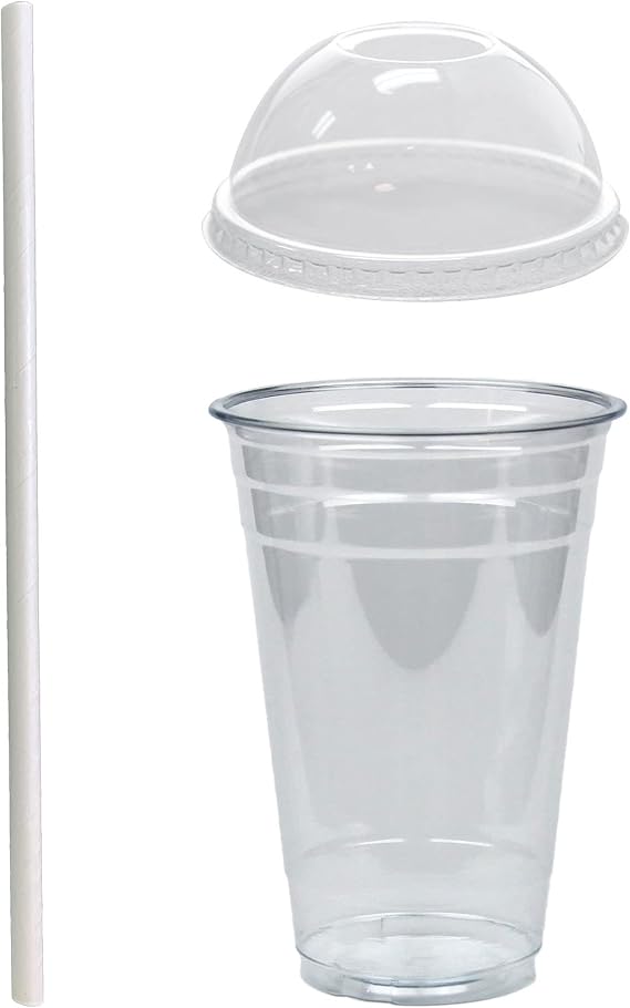 20oz Crystal Clear Plastic Cups With Dome lids and White Paper Straws (50 Sets)