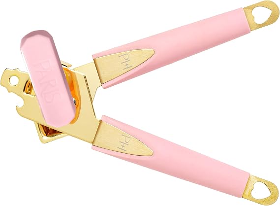 Paris Hilton Can Opener with Built-In Bottle Opener, Easy-Turn Knob & Soft-Grip Handles for Iconic Kitchen Convenience, Pink and Gold