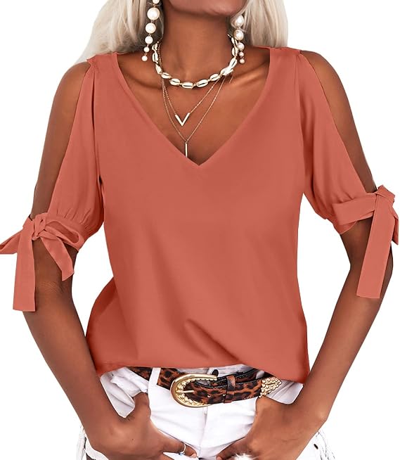 Veatzaer Women Cold Shoulder Tops Short Sleeve V-Neck Tshirts Blouse Shirts | Casual, Loose, Cutout, Summer Fashion, Tshirts Blouse Shirts