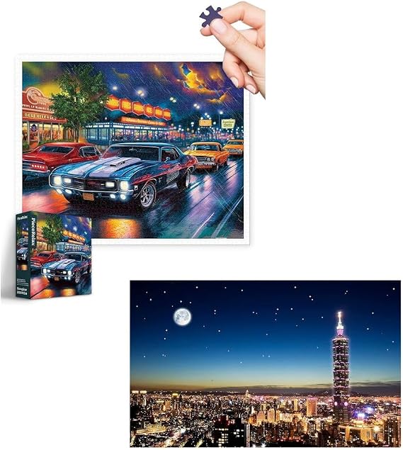 PieceRelax and Pintoo - Two Plastic Jigsaw Puzzles Bundle - 2000 Piece Bigelow Illustrations - Rain on The Boulevard and 1000 Piece - Taipei Skyline [H3443+H1719]