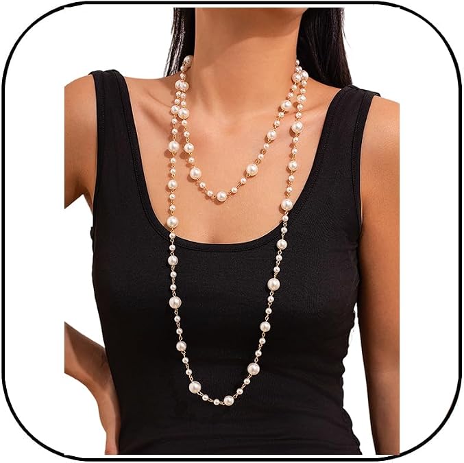 Chunky Long Layered Pearl Chain Necklaces for Women | Elegant Statement Pearl Choker,Chunky Bead, Wedding Bridal 1920s Christmas Costume Accessories, Summer Jewelry Gifts