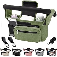 Baby Stroller Organizer, Universal Stroller Organizer with Detachable Phone Bag, Stroller Caddy with 2 Insulated Cup Holders, Buggy Organizer Bag with 2 Hooks Fits Most Strollers (Green)