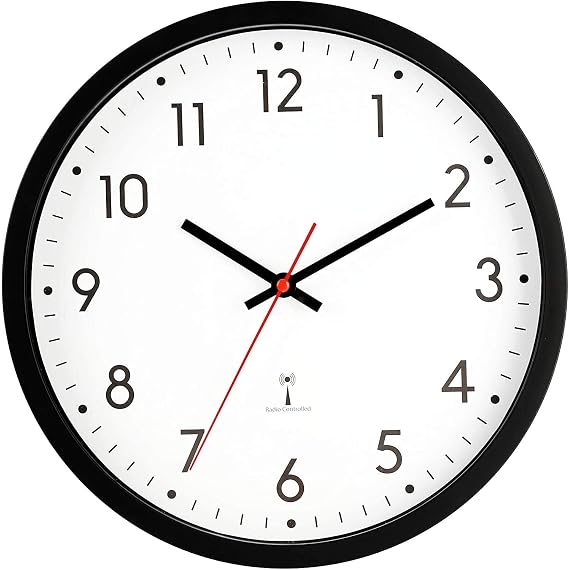 Lawei 30 cm Wall Clock Radio Automatic Time Changing Indoor Radio Controlled Clock Plastic Radio Wall Clock Modern Clock for Living Room Home Office School (Black)