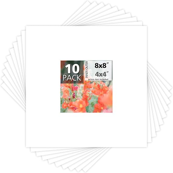Mat Board Center, Pack of 10, 8x8 for 4x4 White Photo Picture Mats - Acid Free, 4-ply Thickness, White Core - for Pictures, Photos, Framing