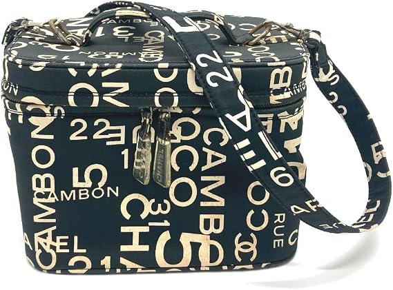 CHANEL Vanity Bag Bisci Line Logo Cosmetic Bag 2-Way Shoulder Bag Handbag Cotton Canvas Women's Used, Black