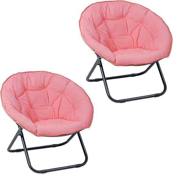 2 Pack Folding Chair, Saucer Chair with Metal Frame, Cozy Moon Lounge Chair for Bedroom/Living Room/Home Office/Patio, Pink