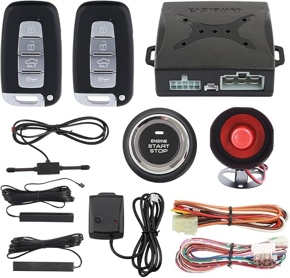 EC003K-NS Smart Key PKE Passive Keyless Entry Car Alarm System Push Start Button Remote Engine Start Remote Trunk with Shock Sensor Release DC12V