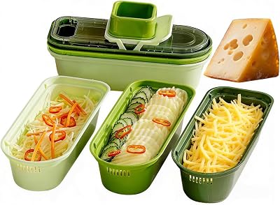 Finger Guard Box Grater - Dishwasher Safe, Catches The Mess with 3 Containers. 6-in-1 for Hard Cheese & Vegetables, Sharp & Non-Slip.