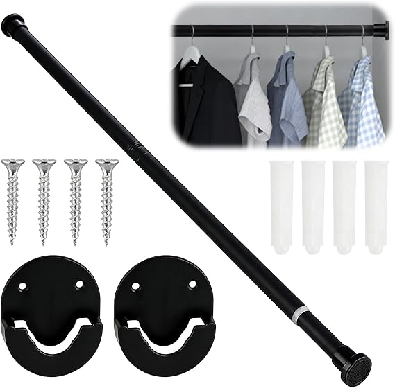 Wardrobe Rail, 80-105cm 25mm Stainless Black Adjustable Rod