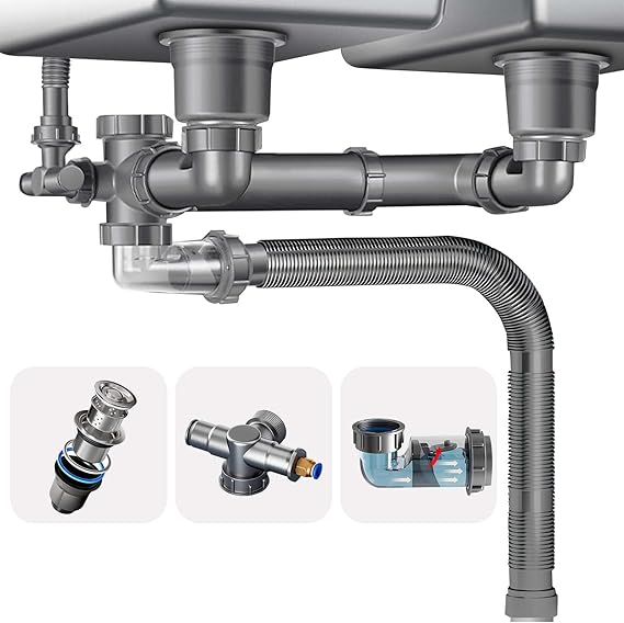 Double Waste Drain Kit Space Saving Kitchen Sink Waste Kit Expandable Flexible P-Trap Pipe Sink Drain Assembly Kit with 4-Way Fitting Adapter for Dishwasher