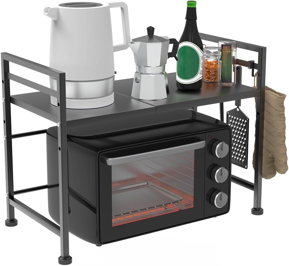 Microwave Top Rack, Kitchen, Telescoping, 3-Tier, Width 15.7 to 24.8 inches 40 to 63 cm, Adjustable Shelf Height, Load Capacity 40KG, Space Saving, With Hooks, Steel, Black