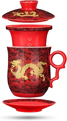 Chinese Dragon Pattern Tea-Mug with Strainer Infuser and Lid and Saucer Ceramic Tea Mug Convenient System Chinese Porcelain Personal Tea Cup 13.5 oz380ml - RED, TC400