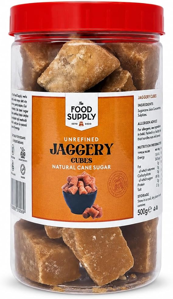 The Food Supply Jaggery Cubes 500g – Natural Unrefined Cane Sugar | Traditional Indian Sweetener for Tea, Cooking & Ayurveda | No Additives,