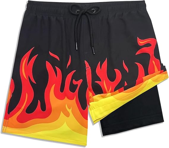Boys Swim Trunks Compression Boxer Brief Lined Anti Chafe Swimming Shorts Bathing Lakewear Sandless Stretchy Functional Drawstring Light Weight Quick Dry UPF 50+ Burning Flames Size Large