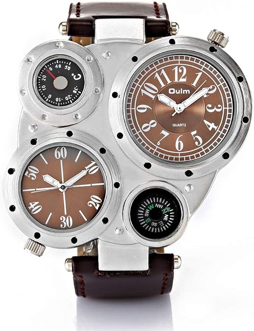 OULM Men's Military Oversize Multi TimeZones 2 Dials Leather Analog Sports Wrist Watch HP9415 Brown Band Brown Face