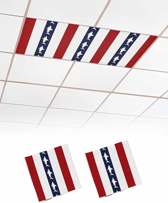 2 Pack Fluorescent Light Cover for Ceiling Lights, Coastal Shark Magnetic Classroom Light Filters 4x2 Feet, Ocean Red Navy Blue White Stripe Geometric Ceiling Shade Panel for Office