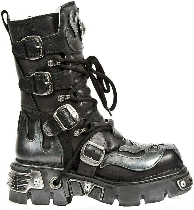 New Rock Unisex 107-S2 Silver Metallic Skull Devil Goth Punk Leather Calf Boots 36