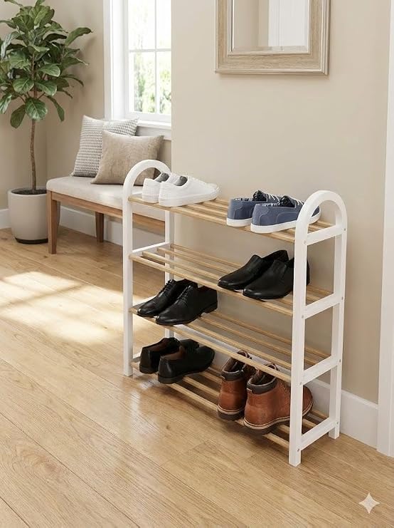 Modern Hatlara Sahip Fonksiyonel Tasarım Beyaz ve Ahşabın Mükemmel Uyumu 4 Katlı Geniş Kapasiteli Ayakkabı Düzenleyici Dar Alanlar İçin İdeal Depolama Çözümü 64x50x18