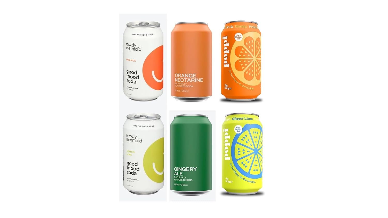 Soda Variety Pack of 6 - Orange Nectarine, Soda Gingery Ale, Good Mood Soda Soda Orange, Soda Lemon Lime, Poppi Soda Prebiotic Orange, Poppi Soda Prebiotic Lime Ginger - 12 fl. oz. Each
