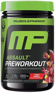 Muscle Pharm Assault Pre Workout Powder for Men & Women - Packed with Beta Alanine, Caffeine, Creatine & Betaine Anhydrous - Endurance & Strength Booster 30 Servings, Blue Raspberry Flavor