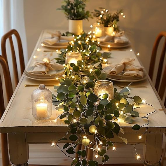 Twinkling Twig Trees Olive Vine, 6FT Fairy Light Olive Vine Garland, Faux Vine Lights Artificial Greenery Garland with Timer for Christmas Fireplace Mantle (Eucalyptus Leaves, 1Pc)