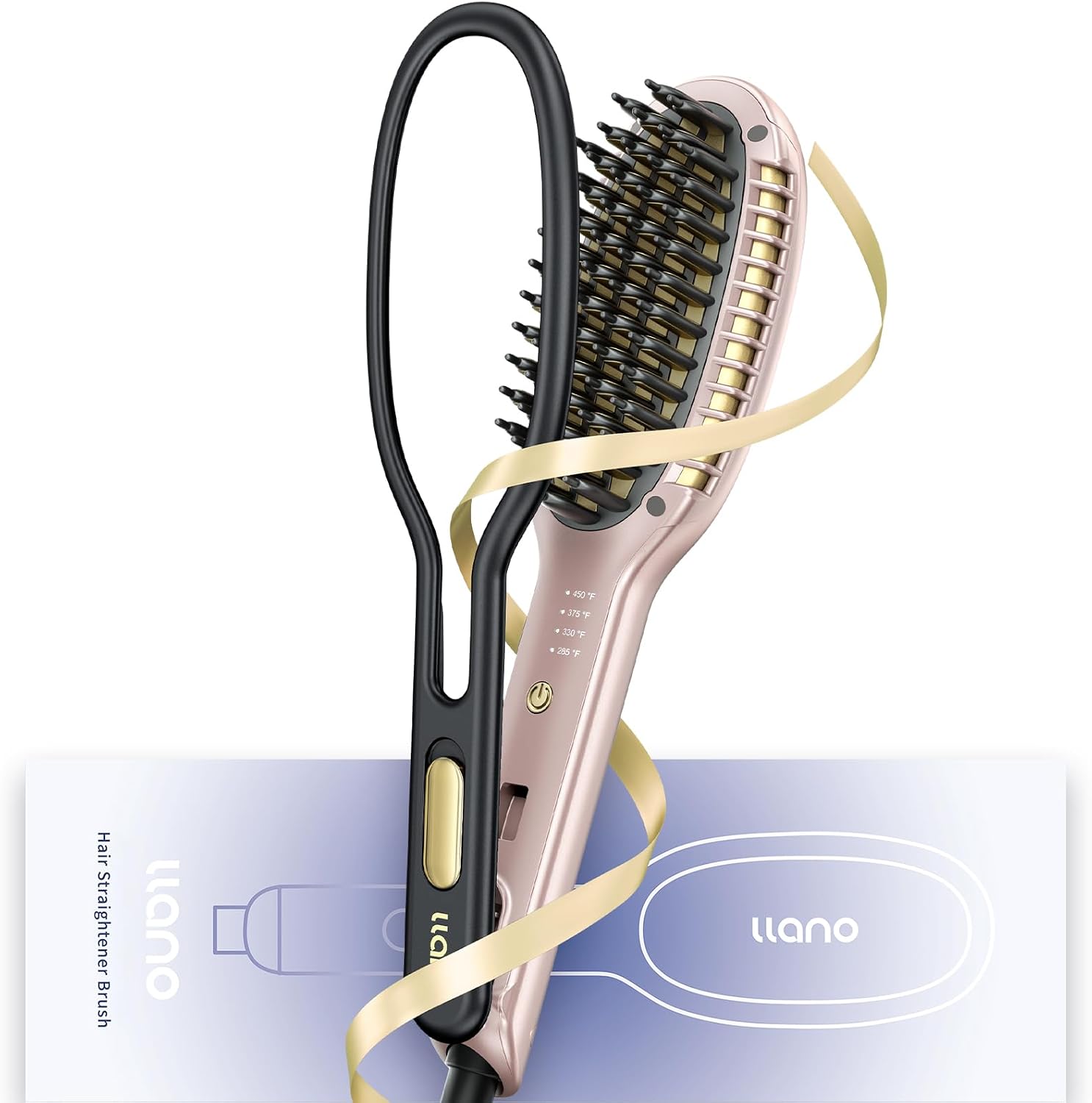 Llano Hair Straightener Brush, 2025Upgraded Ionic Hair Straightener and Curler 2 in 1 with Holder Clamp, Anti-Frizz, Anti-Scald Ceramic Straightening Brush for All Hair Types Black Pink