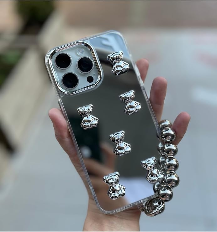 iPhone 15 Pro Max ile Uyumlu Aynalı 3D Ayıcıklı Halka Bilezikli Silikon Kılıf, Çok Renkli