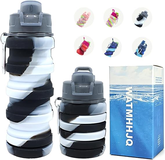 Silicone Collapsible Water Bottles, 16oz Portable Foldable Expandable Water Bottle Sports Cups, Leak Proof Reusable BPA Free, for Outdoor Activities Travel(Black white)