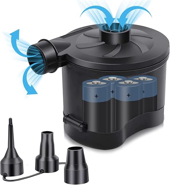 OBEST Battery Powered Electric Air Pump, Portable Inflator/Deflator Air Pump for Outdoor Camping, Air Mattress Pool Floats Raft Boat Toys, 3 Nozzles