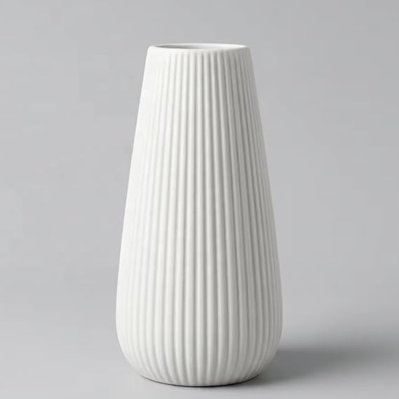 White Ceramic Vase, 8 Inch Modern Ribbed Design, Flower Vase for Home Decor, Cute Vase for Living Room, Dining Table, Office, Bedroom, Kitchen Shelf