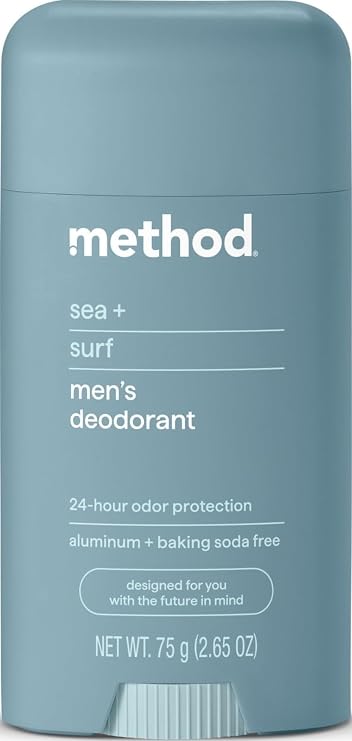 method Men's Deodorant Stick, Sea + Surf, for Sensitive Skin, 2.65oz | 24 Hour Odor Protection, Glides on Clear, Aluminum & Baking Soda Free