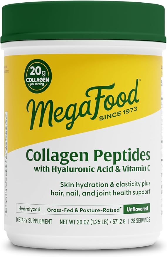 MegaFood Collagen Peptides for Women & Men - Unflavored Collagen Powder with Hyaluronic Acid & Vitamin C - Supports Skin Hair Nails & Joint Health - 20g Grass Fed Bovine Collagen - 20oz, 28 Servings