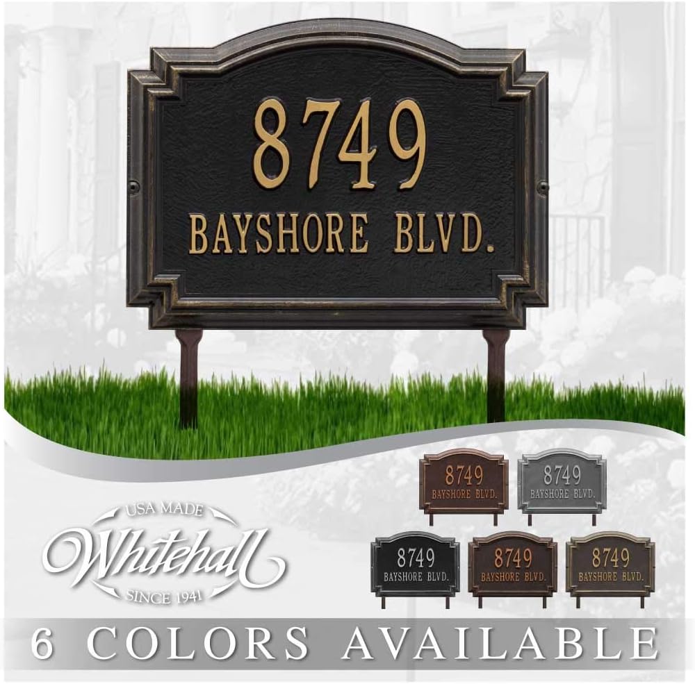 Whitehall™ Personalized Cast Metal Address plaque - LAWN MOUNTED Williamsburg Plaque. Made in the USA. BEWARE OF IMPORT IMITATIONS. Display your address and street name. Custom house number sign