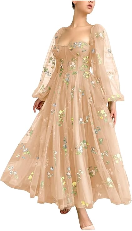 Xijun Women's Flowers Embroidery Tulle Prom Dress Long Sleeves Puffy Bodycon Tea Length Formal Evening Party Gowns